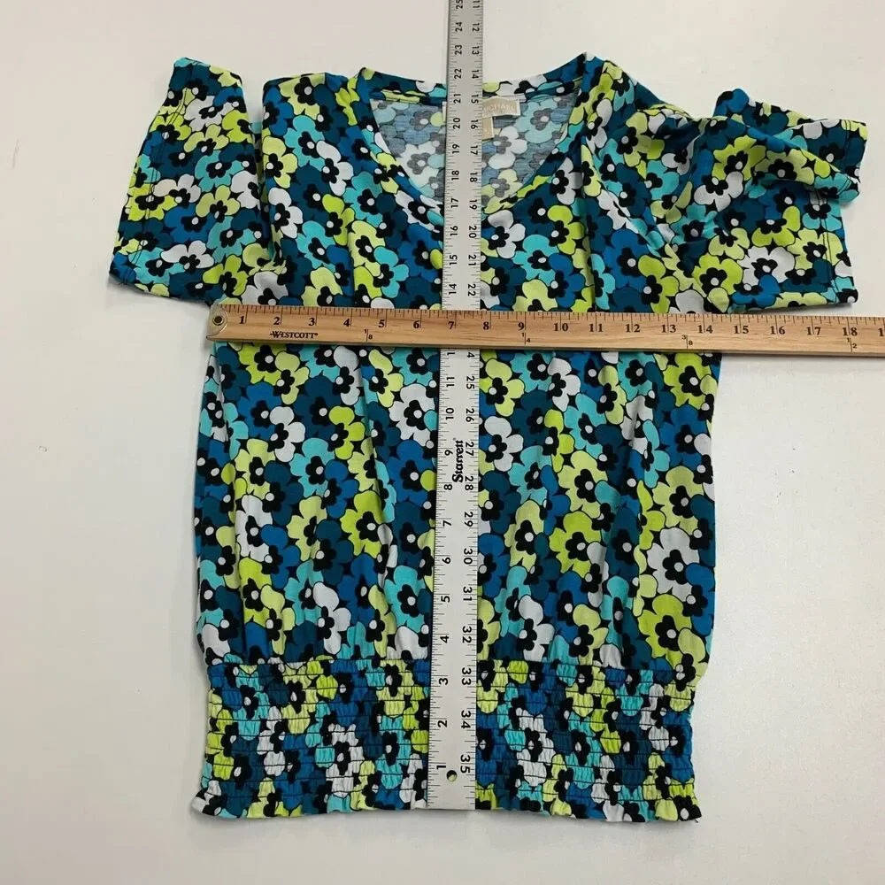 Michael Kors Blouse Womens XS Multi Floral Round Neck Smocked Hem Short Sleeve